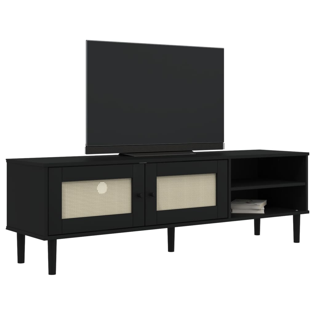 TV Stand SENJA Rattan Look Black 62.2"x15.7"x19.3" Solid Wood Pine