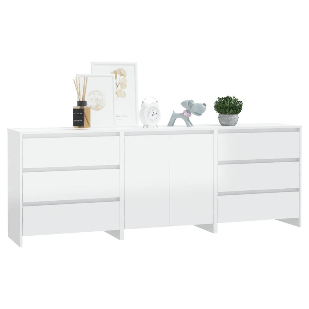 3 Piece Sideboard High Gloss White Engineered Wood