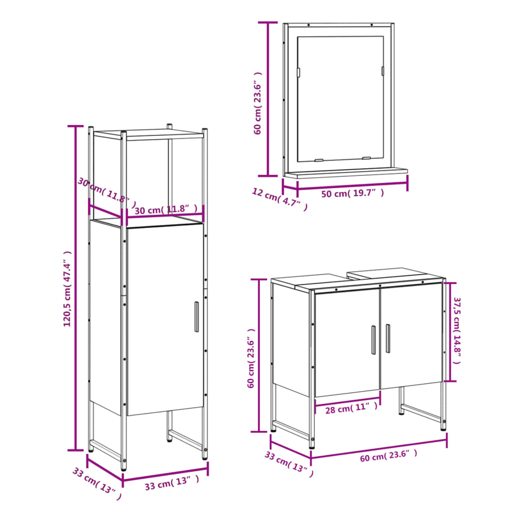 3 Piece Bathroom Cabinet Set Black Engineered Wood