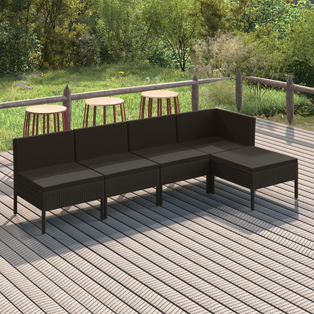 5 Piece Patio Lounge Set with Cushions Poly Rattan Black