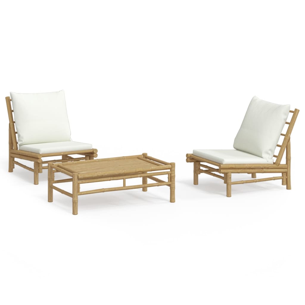 3 Piece Patio Lounge Set with Cream White Cushions Bamboo