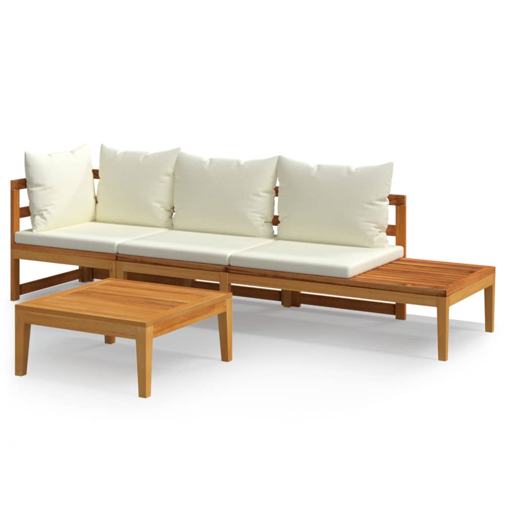 3 Piece Patio Lounge Set with Cream White Cushions Acacia Wood