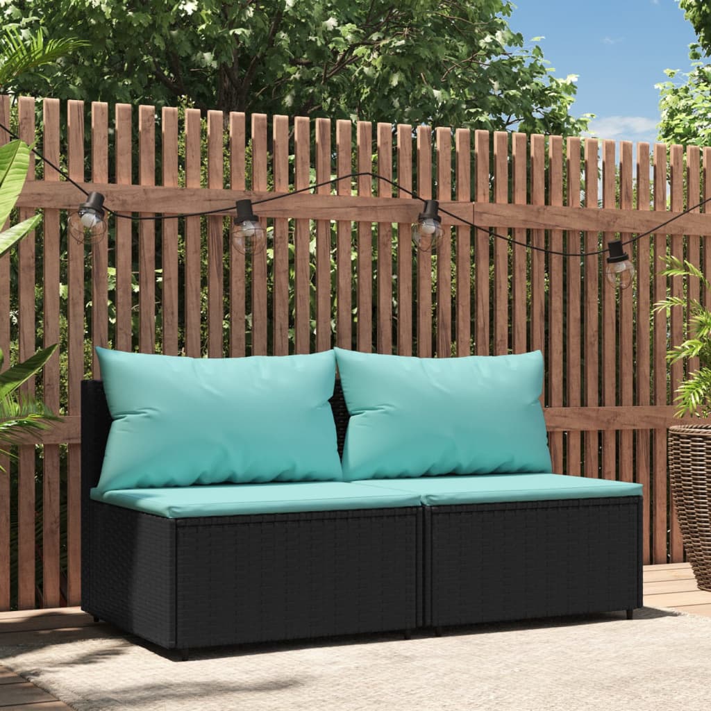 Patio Middle Sofas with Cushions 2 pcs Black Poly Rattan