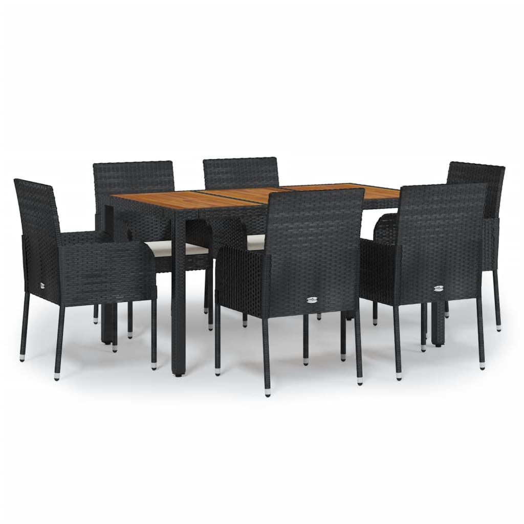 7 Piece Patio Dining Set with Cushions Black Poly Rattan