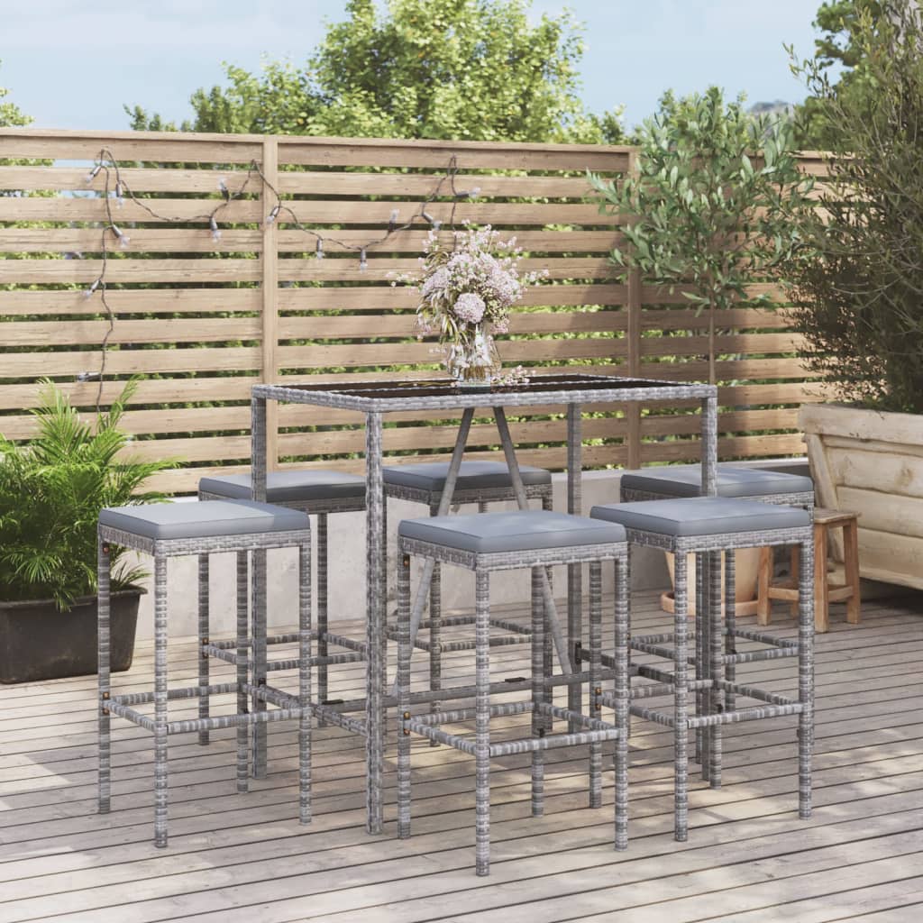 7 Piece Patio Bar Set with Cushions Gray Poly Rattan