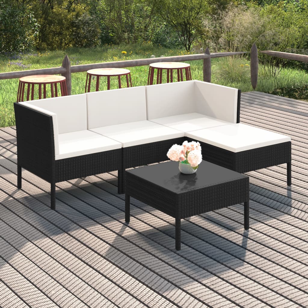 5 Piece Patio Lounge Set with Cushions Poly Rattan Black