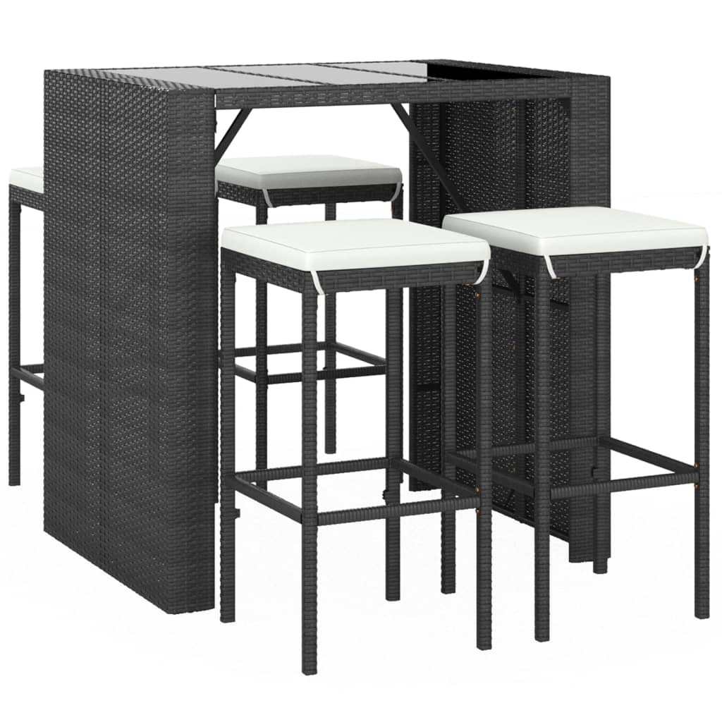 5 Piece Patio Bar Set with Cushions Black Poly Rattan