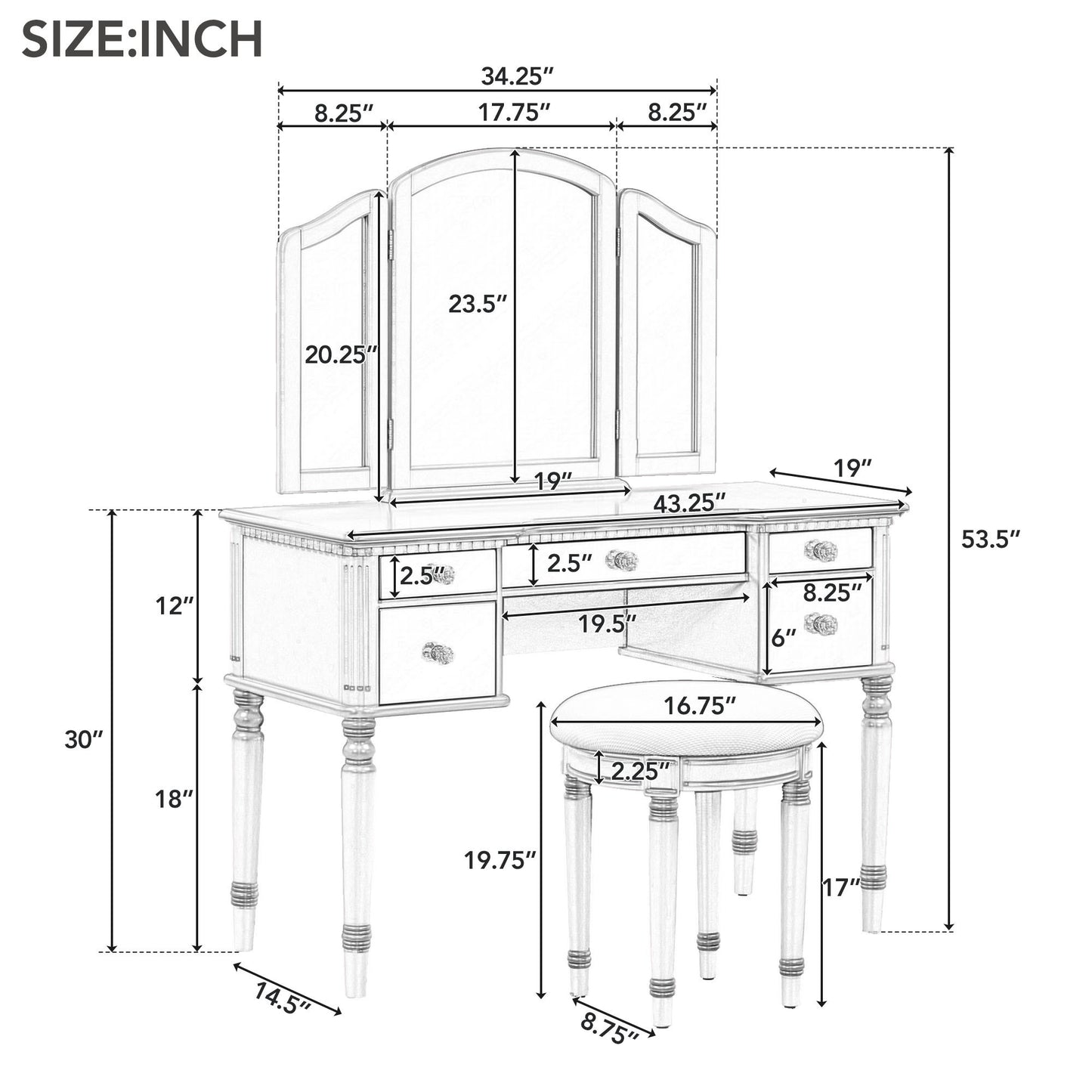 GO 43" Dressing Table Set with Mirrored Drawers and Stool, Tri-fold Mirror, Makeup Vanity Set for Bedroom, Gold