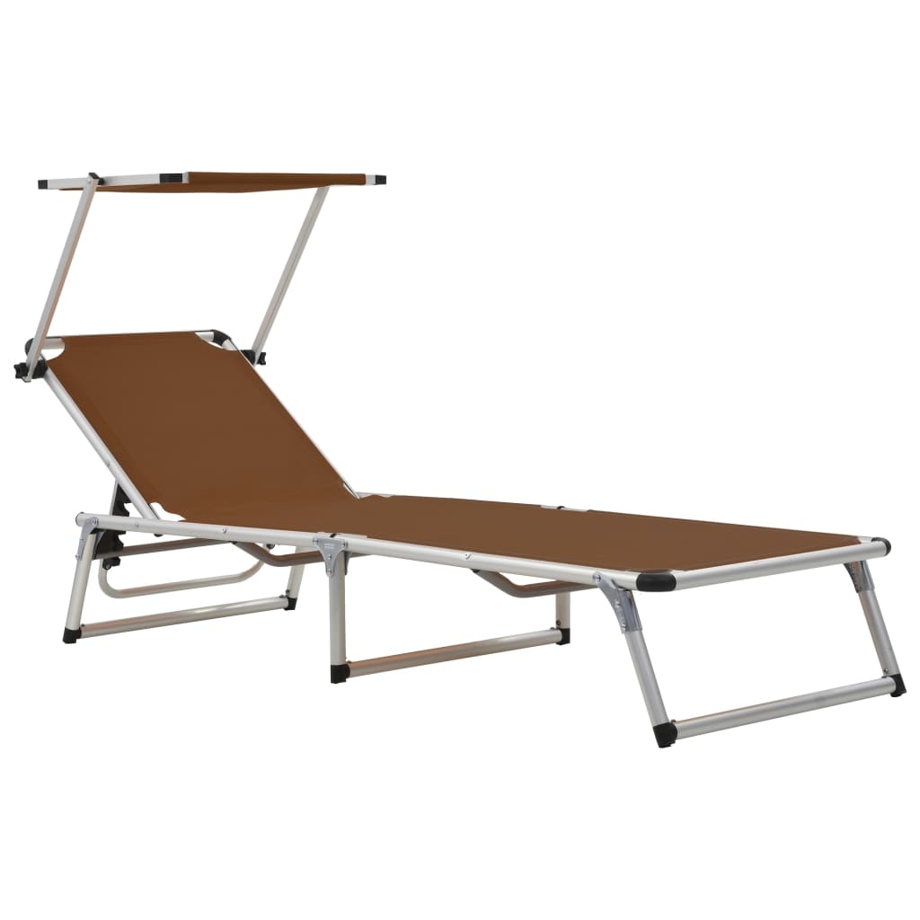 Folding Sun Lounger with Roof Aluminum and Textilene Brown