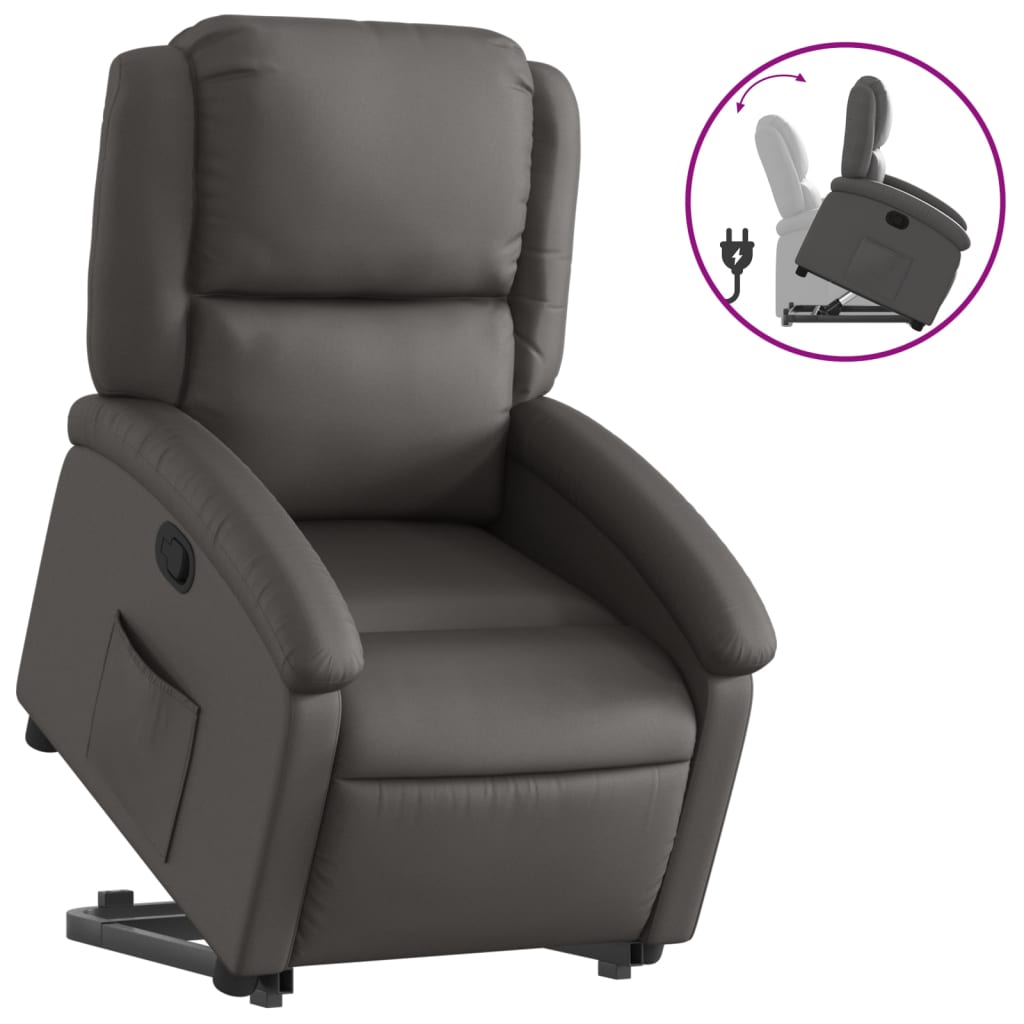 Stand up Recliner Chair Gray Real Leather