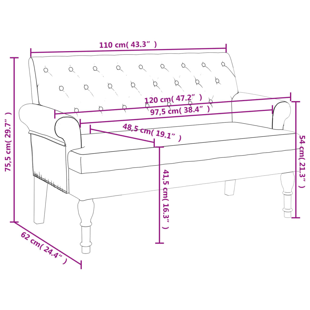 Bench with Backrest Black 47.2"x24.4"x29.7" Fabric