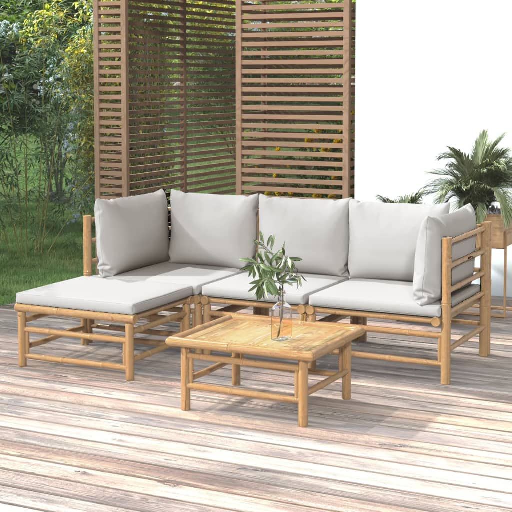 5 Piece Patio Lounge Set with Light Gray Cushions Bamboo