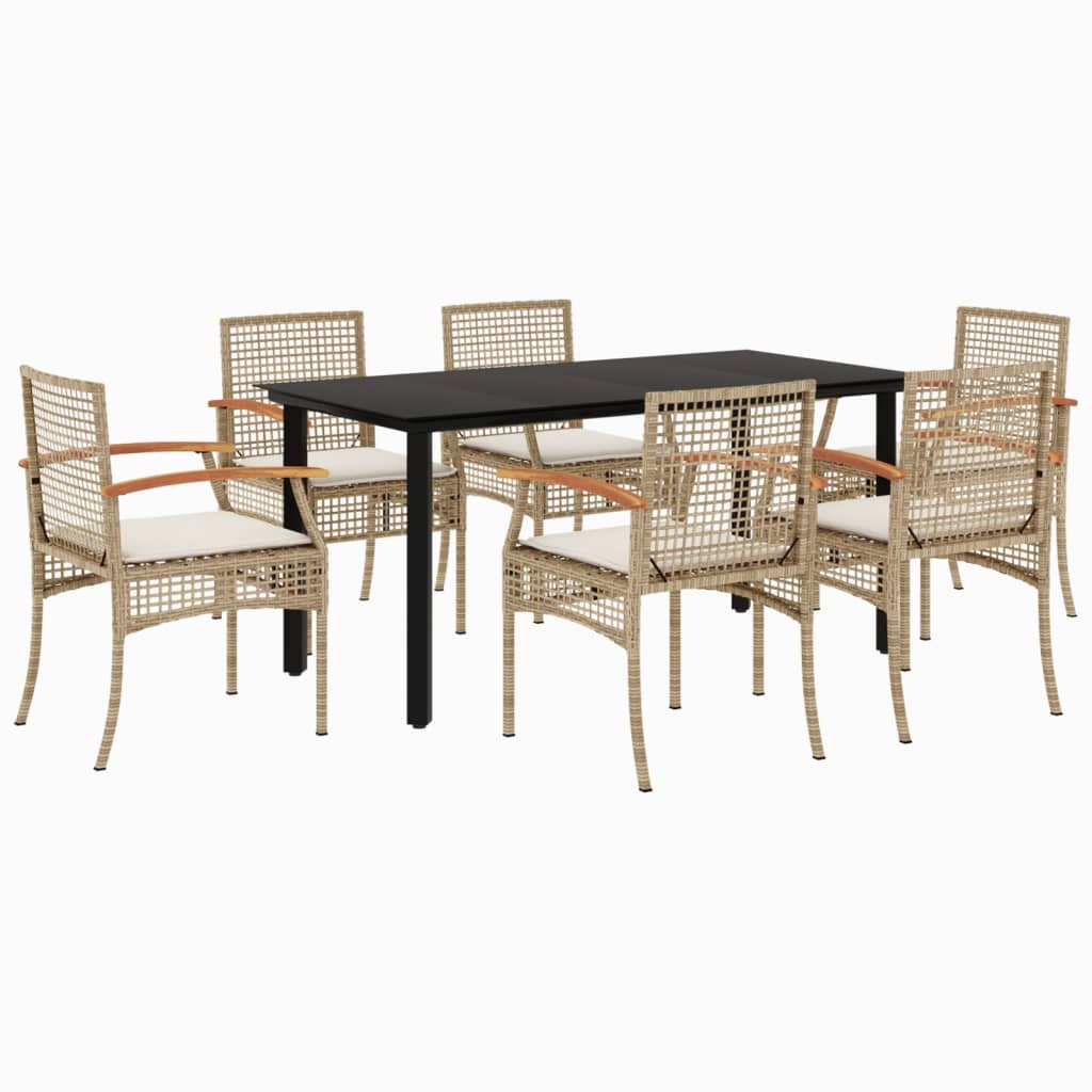 7 Piece Patio Dining Set with Cushions Beige Poly Rattan