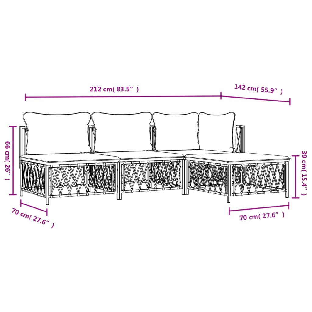 4 Piece Patio Lounge Set with Cushions White Steel