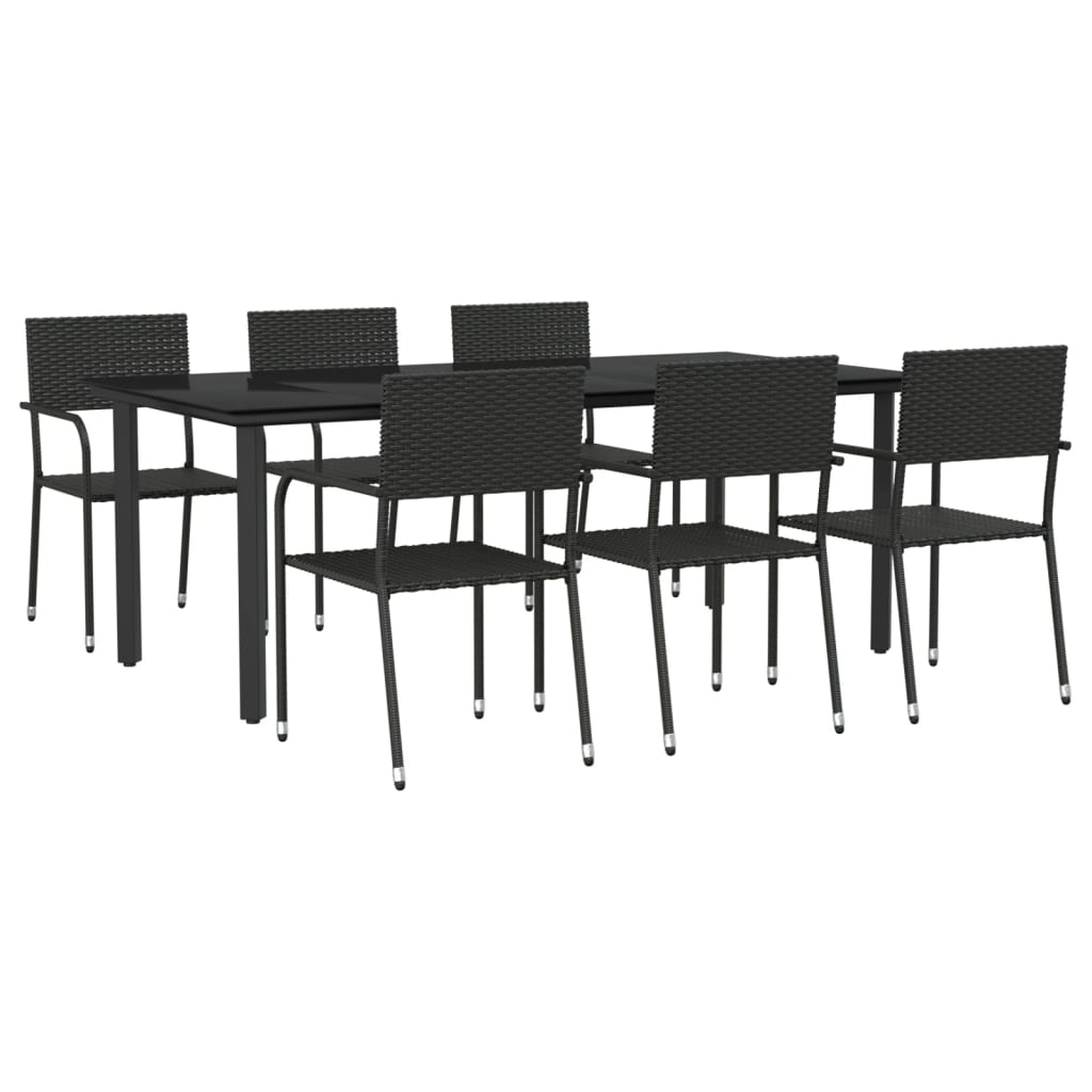 7 Piece Patio Dining Set Black Poly Rattan and Steel