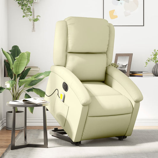 Electric Stand up Massage Recliner Chair Cream Real Leather