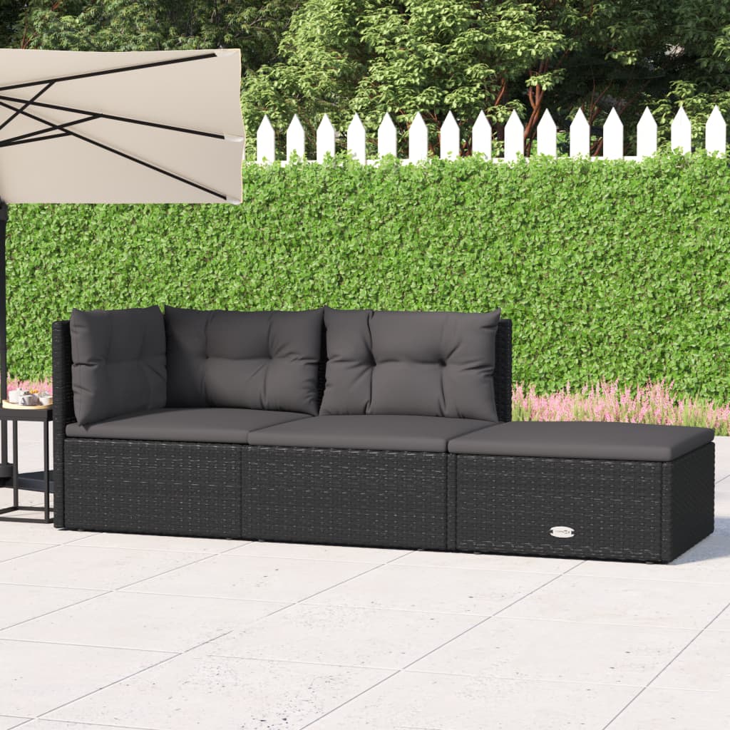 3 Piece Patio Lounge Set with Cushions Black Poly Rattan