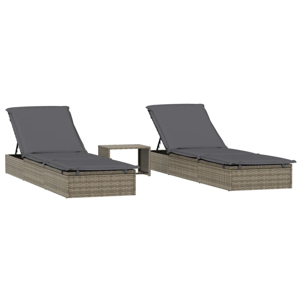 Sunbeds 2 pcs with Table Gray Poly Rattan