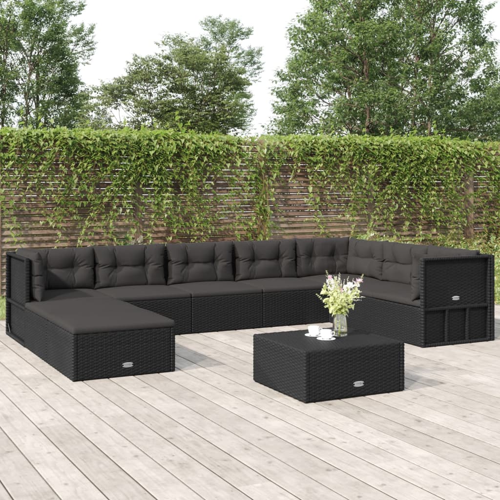 9 Piece Patio Lounge Set with Cushions Black Poly Rattan