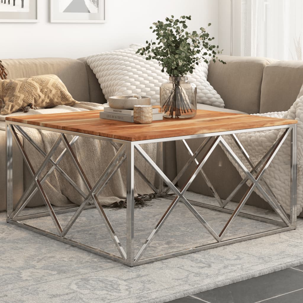 Coffee Table Silver Stainless Steel and Tempered Glass