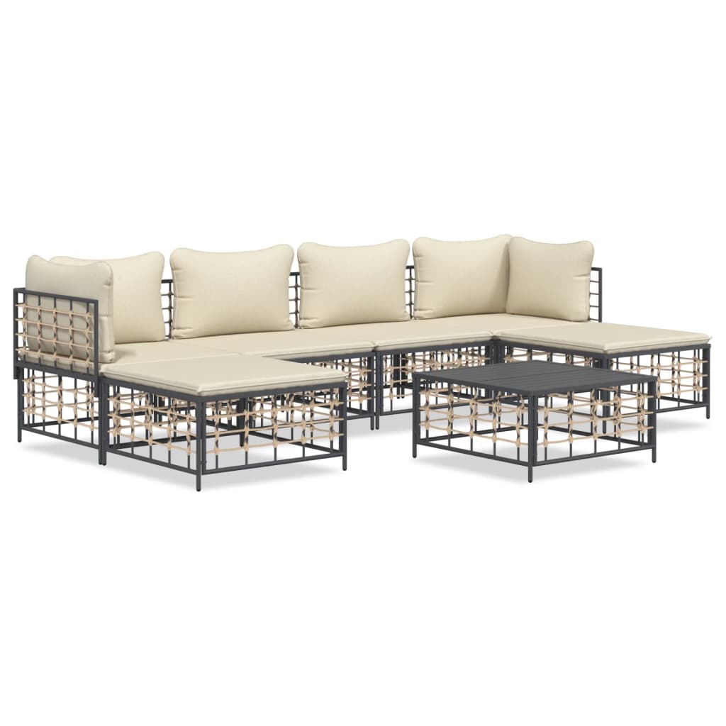 7 Piece Patio Lounge Set with Cushions Anthracite Poly Rattan