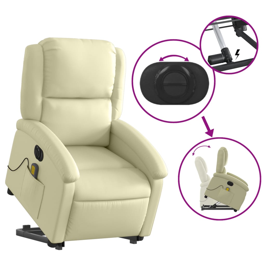 Electric Stand up Massage Recliner Chair Cream Real Leather