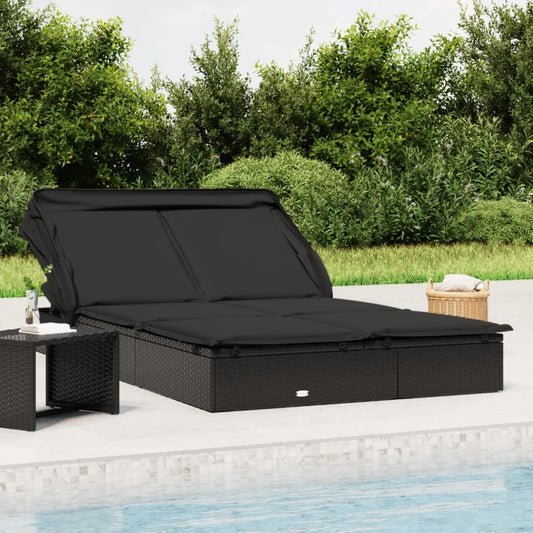 2-Person Sunbed with Foldable Roof Black 83.9"x46.5"x38.2" Poly Rattan