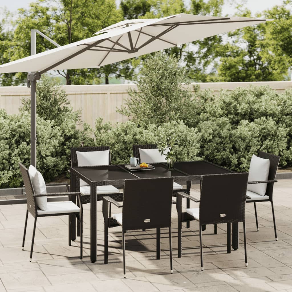 7 Piece Patio Dining Set with Cushions Black Poly Rattan