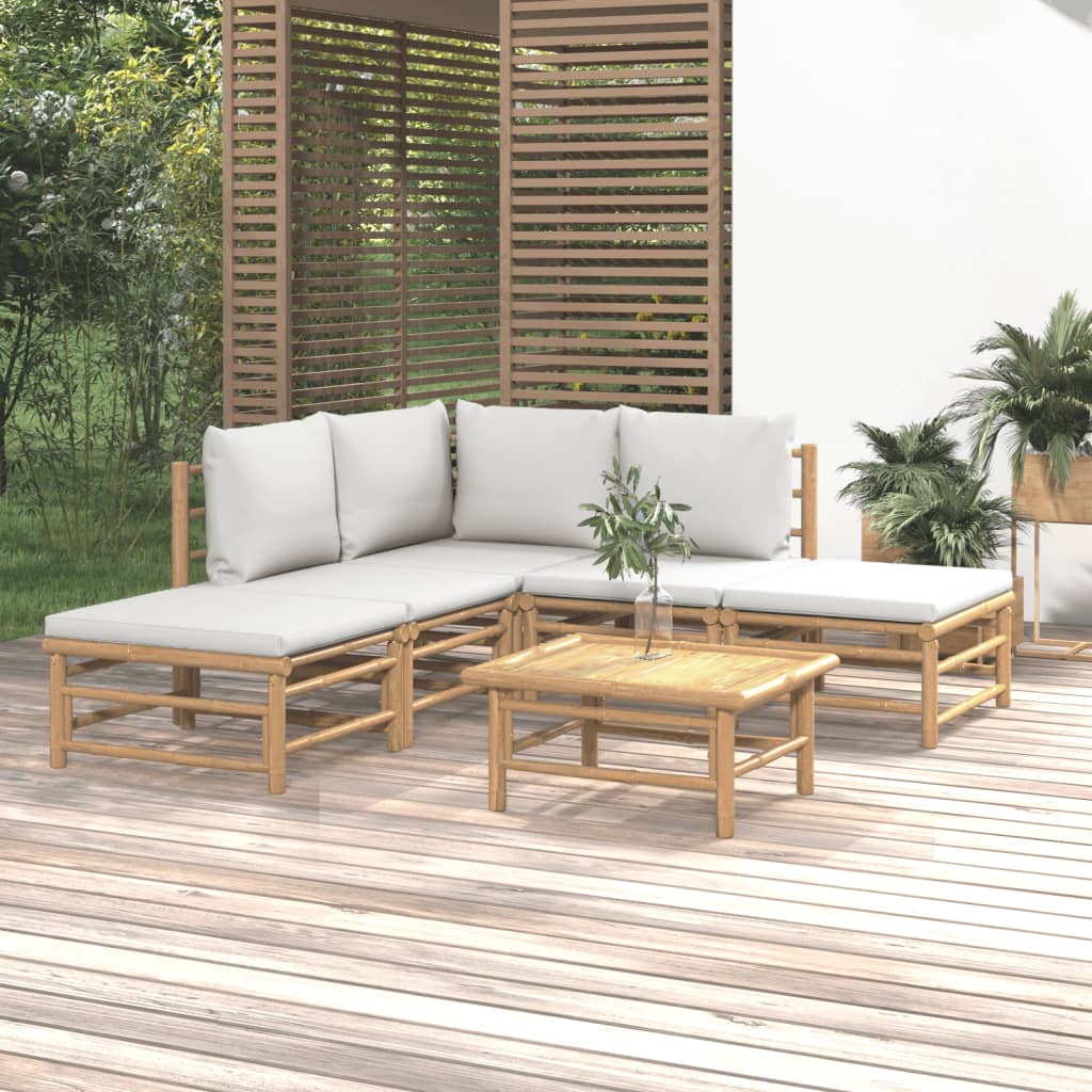 6 Piece Patio Lounge Set with Light Gray Cushions Bamboo