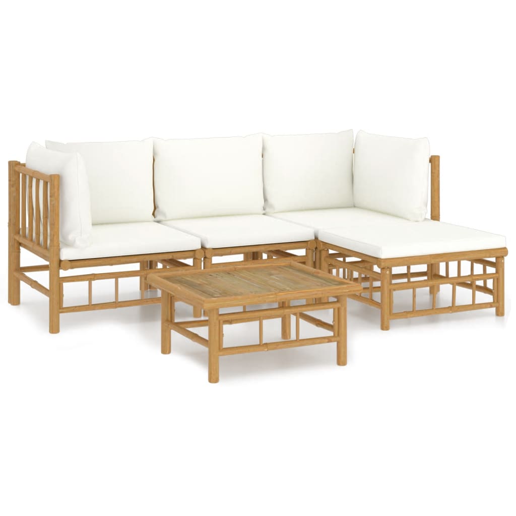 5 Piece Patio Lounge Set with Cream White Cushions Bamboo