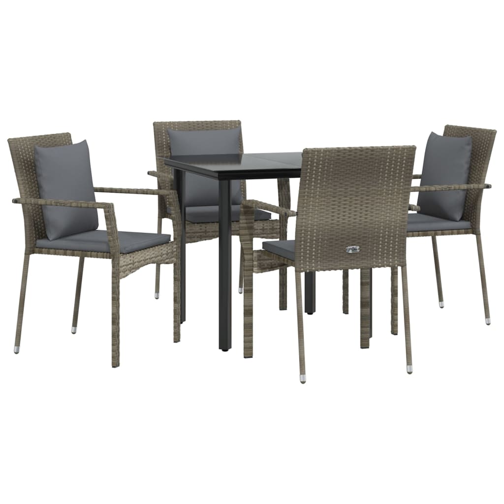 5 Piece Patio Dining Set with Cushions Black and Gray Poly Rattan