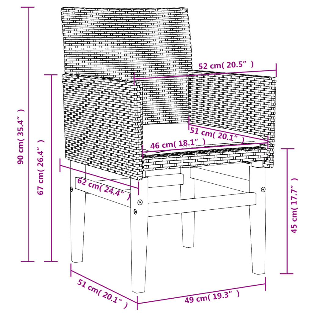 Patio Chairs with Cushions 2 pcs Gray Poly Rattan&Solid Wood