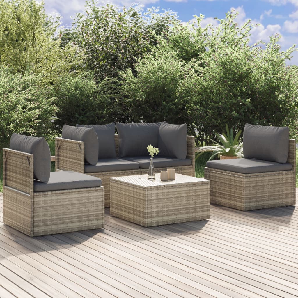 5 Piece Patio Lounge Set with Cushions Gray Poly Rattan