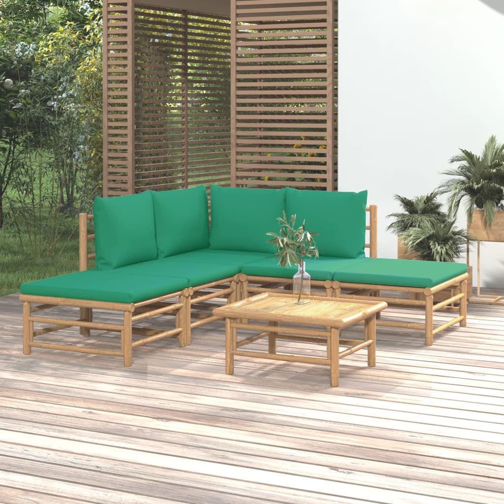 6 Piece Patio Lounge Set with Green Cushions Bamboo