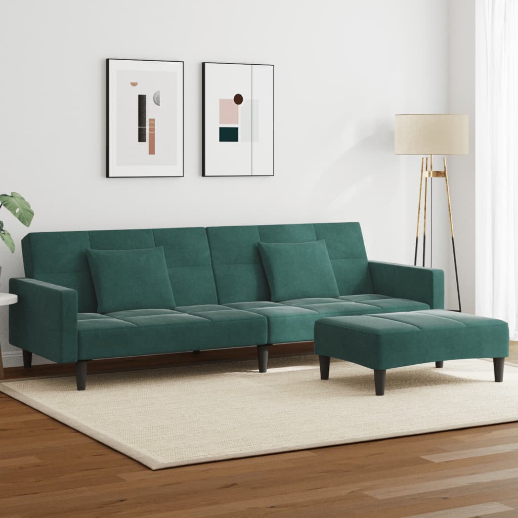 2-Seater Sofa Bed with Footstool Dark Green Velvet