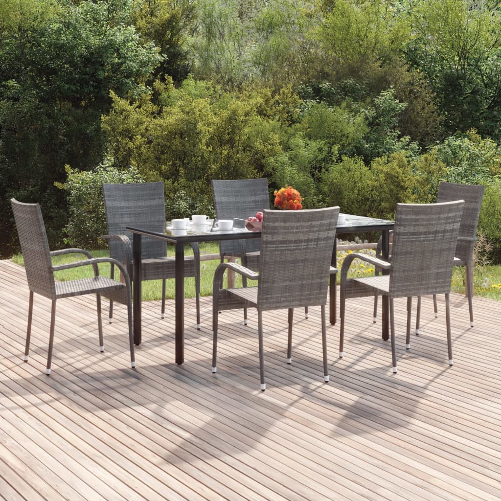 7 Piece Patio Dining Set Gray Poly Rattan