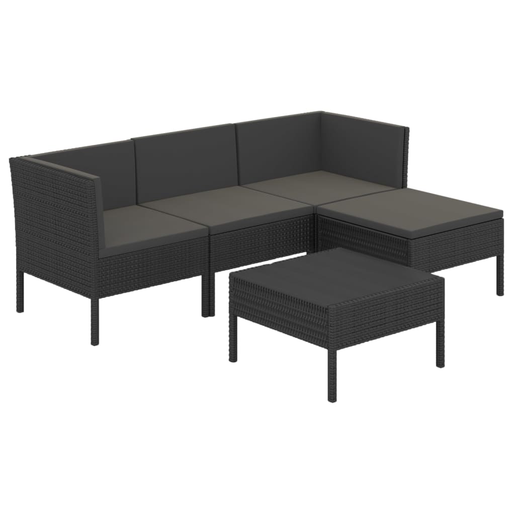 5 Piece Patio Lounge Set with Cushions Poly Rattan Black