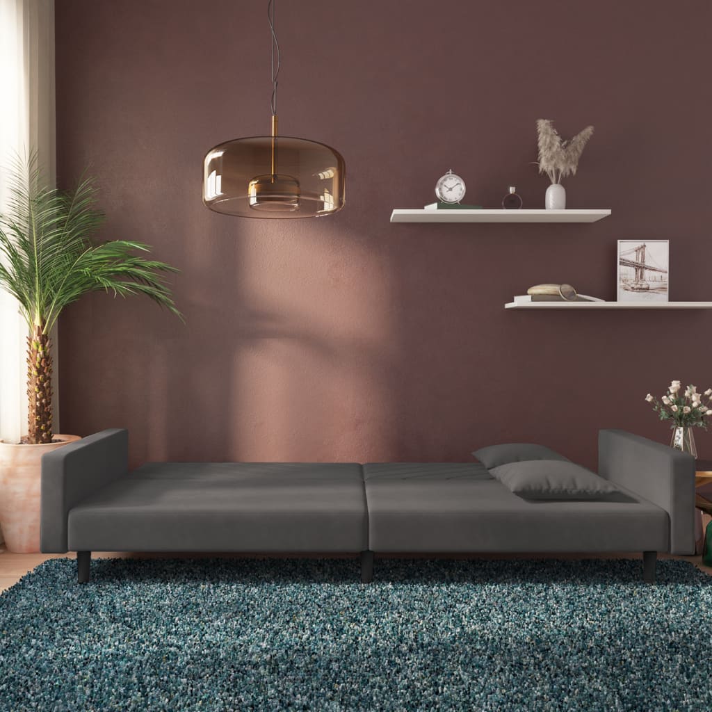 2-Seater Sofa Bed with Two Pillows Dark Gray Velvet