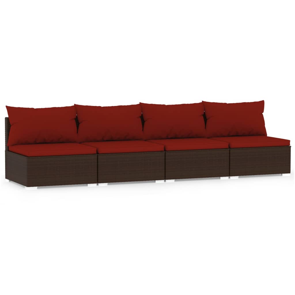 4 Seater Sofa with Cushions Brown Poly Rattan