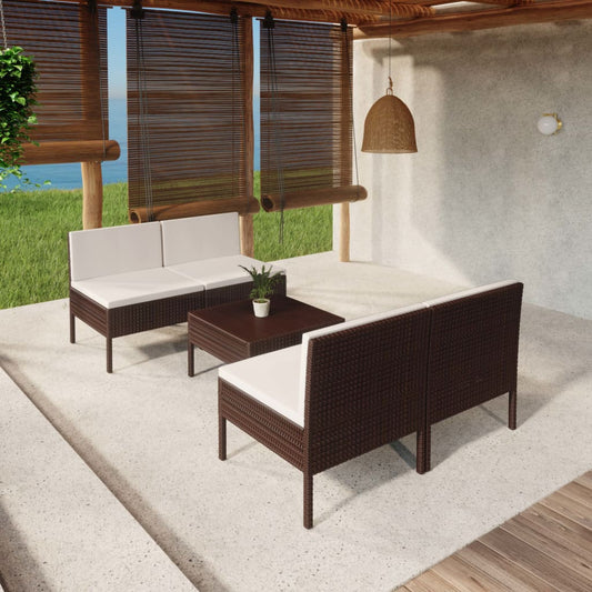 5 Piece Patio Lounge Set with Cushions Poly Rattan Brown