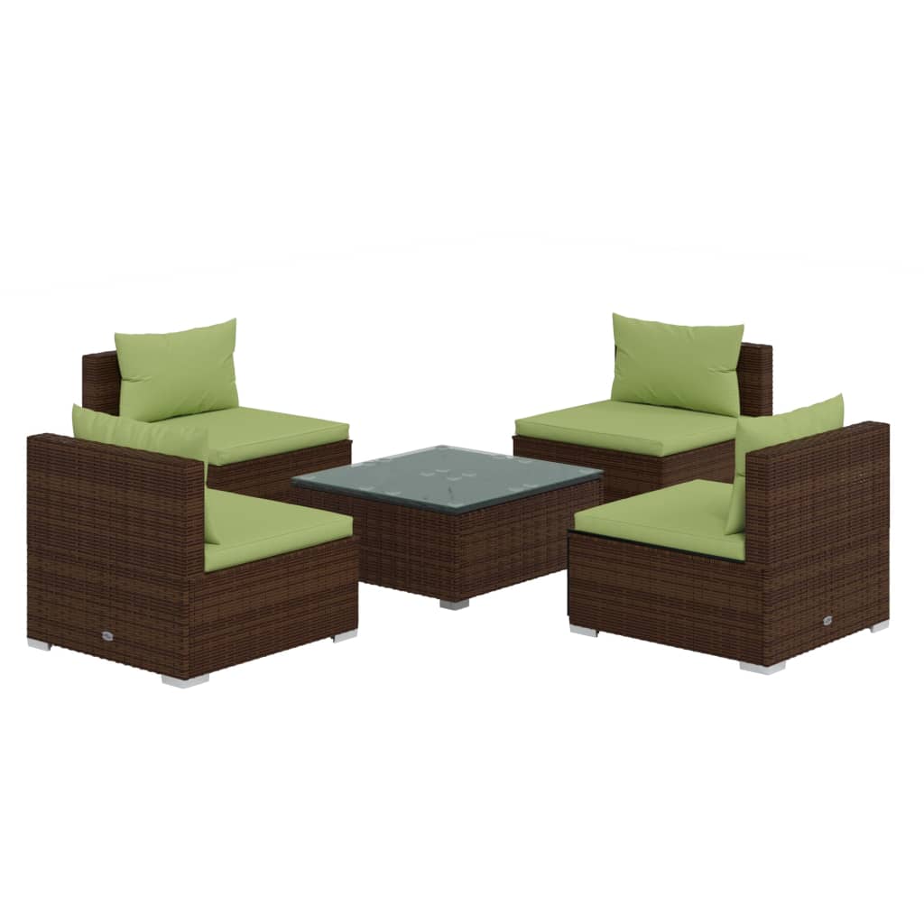 5 Piece Patio Lounge Set with Cushions Poly Rattan Brown