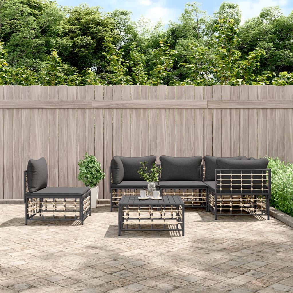 6 Piece Patio Lounge Set with Cushions Anthracite Poly Rattan