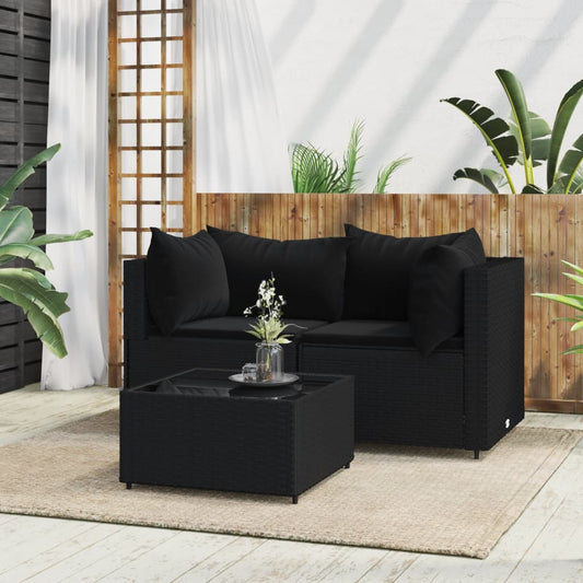 3 Piece Patio Lounge Set with Cushions Black Poly Rattan