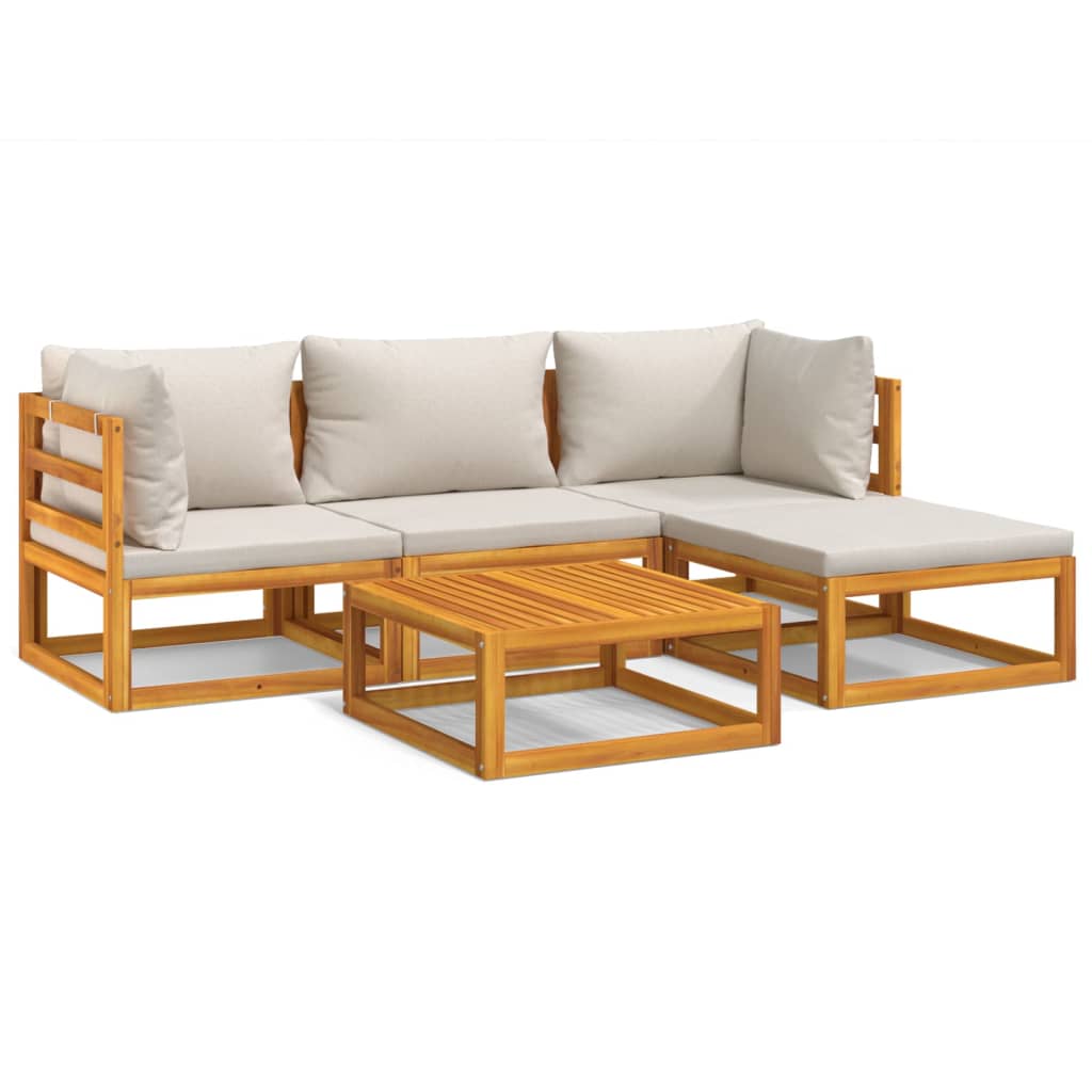 5 Piece Patio Lounge Set with Light Gray Cushions Solid Wood