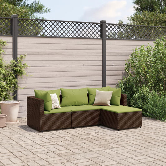 4 Piece Patio Lounge Set with Cushions Brown Poly Rattan