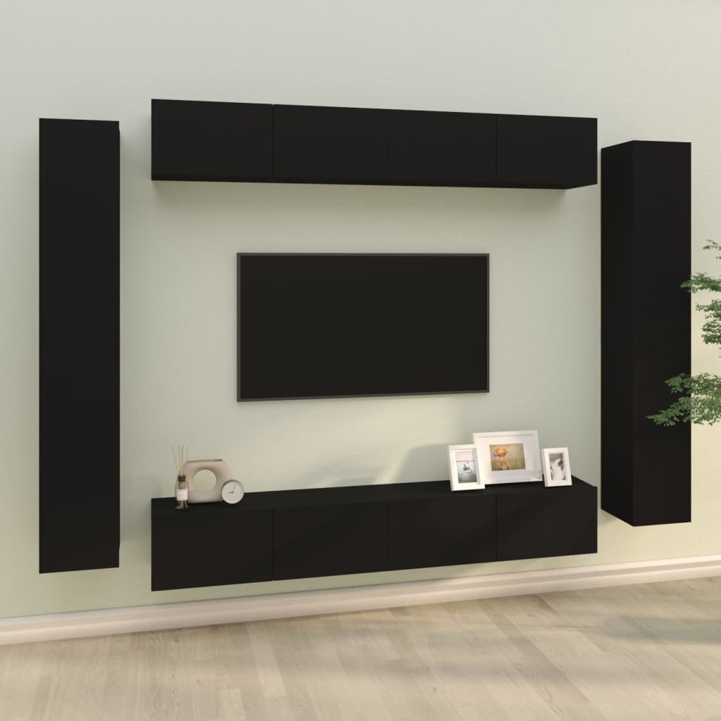 8 Piece TV Stand Set Black Engineered Wood