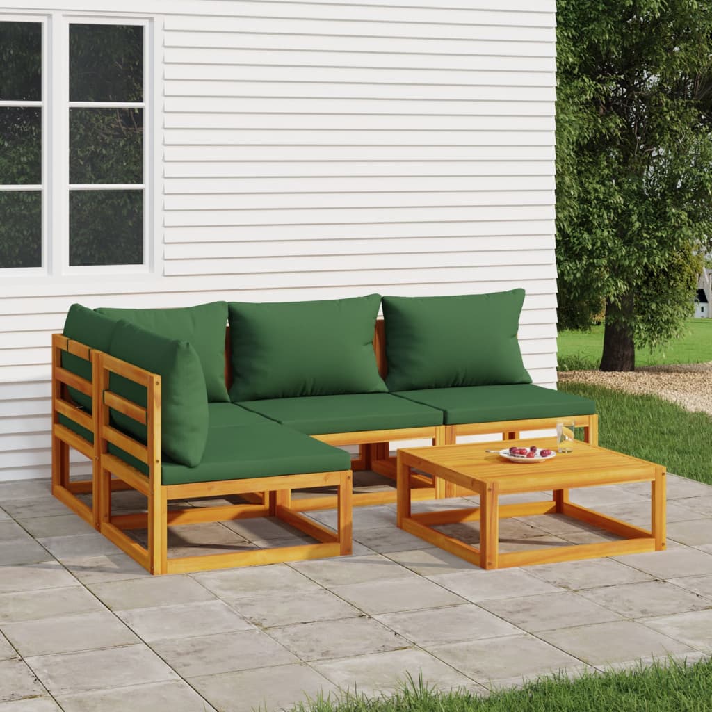 5 Piece Patio Lounge Set with Green Cushions Solid Wood