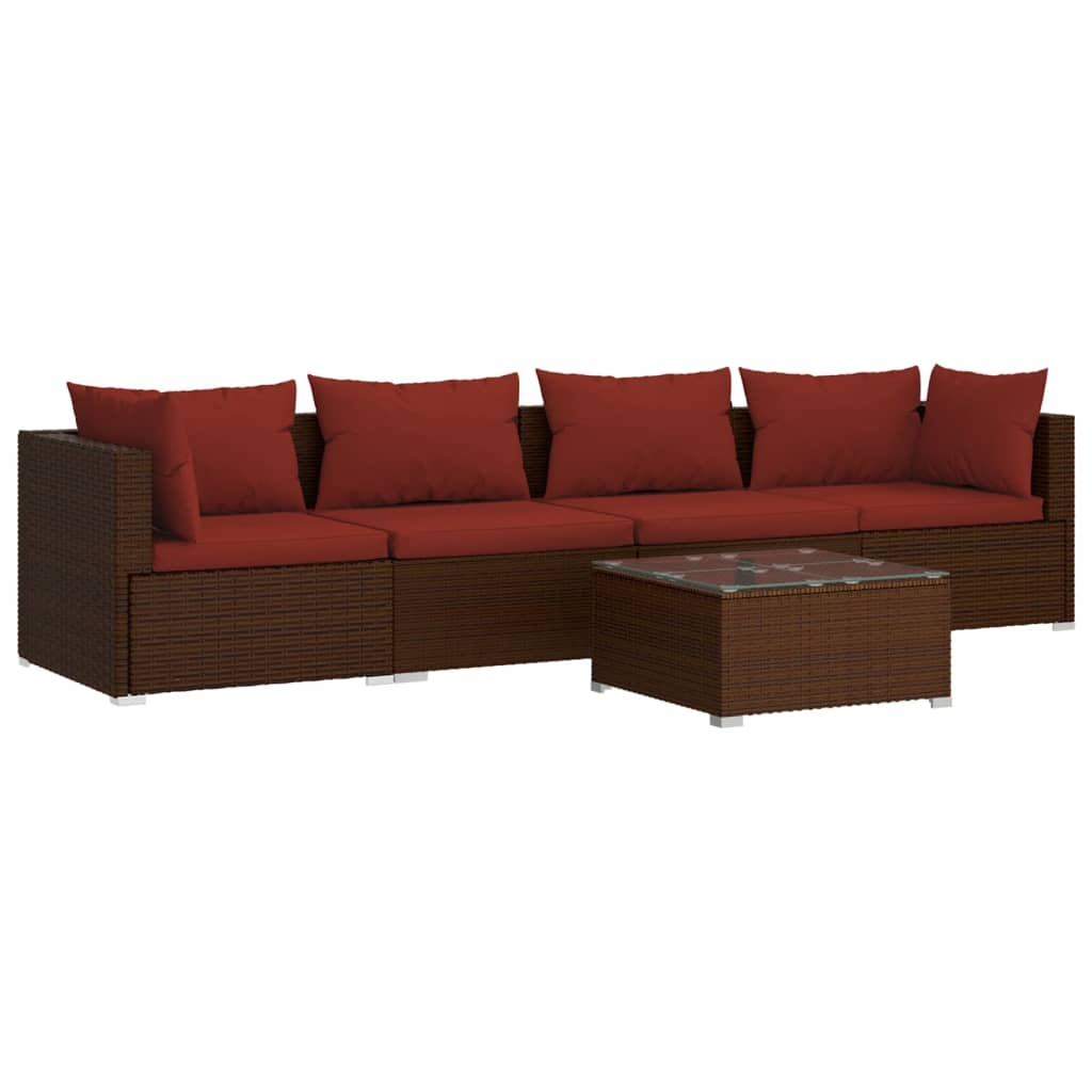 Patio Furniture Set 5 Piece with Cushions Poly Rattan Brown