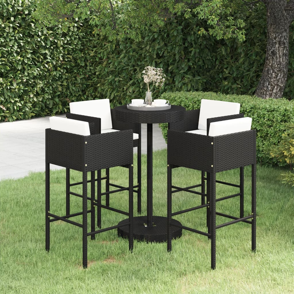 5 Piece Patio Bar Set with Cushions Poly Rattan Black