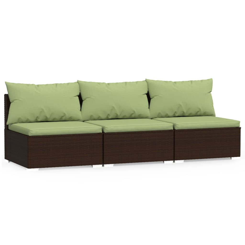 3 Seat Patio Sofa with Cushions Brown Poly Rattan